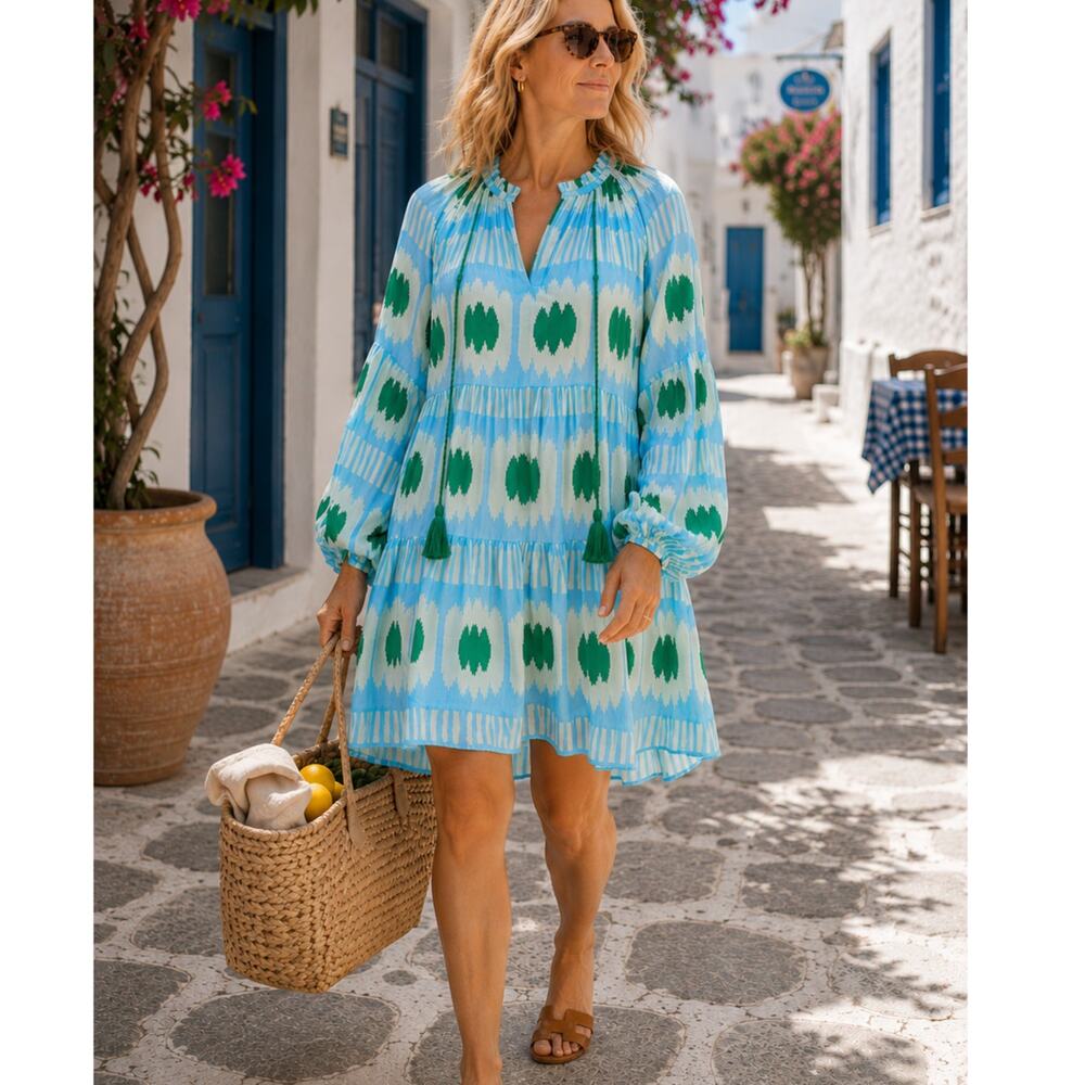 Oliphant Cotton Silk Ikat Tassel Tunic Dress blue green Balloon Sleeve L NWT